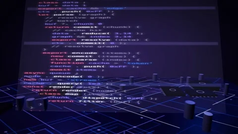 Raked code console over a violet circuit board with diagonal traces 3D Stock Footage 340201158
