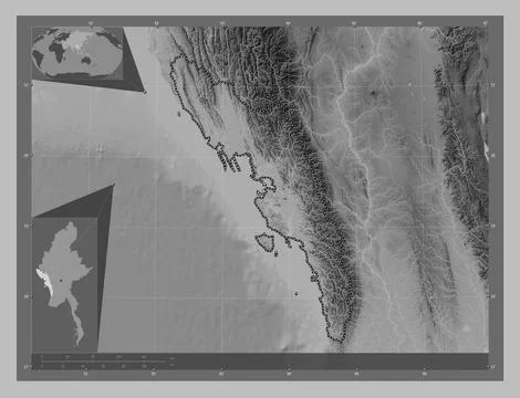 Rakhine, Myanmar. Grayscale elevation map with lakes and rivers イラスト素材