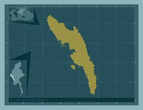 Rakhine, Myanmar. Solid color shape. Locations of major cities of the region Stock Illustration