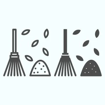 Raking fallen leafs line and solid icon. Gardening tool for rake up leaves Illustrazione stock