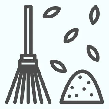 Raking fallen leafs line icon. Gardening tool for rake up leaves. Autumn season イラスト素材