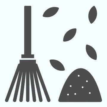 Raking fallen leafs solid icon. Gardening tool for rake up leaves. Autumn season イラスト素材