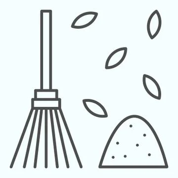 Raking fallen leafs thin line icon. Gardening tool for rake up leaves. Autumn イラスト素材