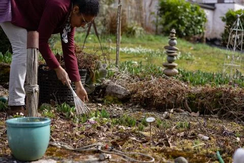 Raking leaves in springtime. Foto stock