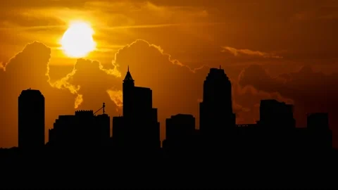 Raleigh Downtown at Sunset, Time Lapse with Red Sun and Fiery Sky, USA Stock Footage 152385237
