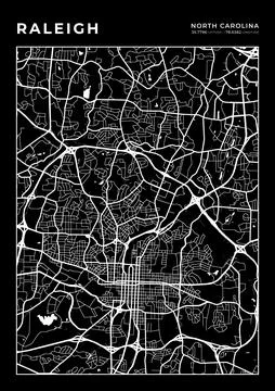 Raleigh Map Wall Art Frame, Cartography Map Print, City Layout Map Stock-Illustration