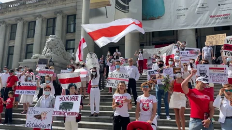 Rally support Belarus 2020 August 23 Vancouver Canada people singing Stock Footage 137927304