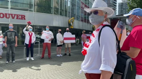 Rally support Belarus 2020 August 23 Vancouver Canada near CBC TV station office Stock Footage 137927350