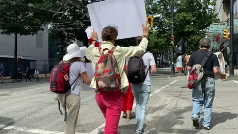 Rally support Belarus 2020 August 23 Vancouver Canada people marching street Stock Footage 137927460