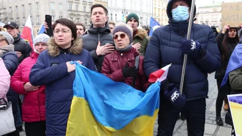 Rally supporting Ukraine facig possible Russian attack in Cracow, Poland Video stock 170662426