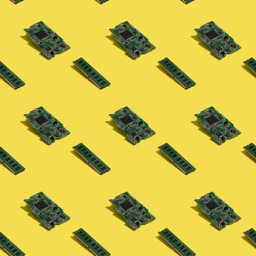 RAM Computer Memory Chip Module and Microcircuit seamless pattern on yellow Stock Photos
