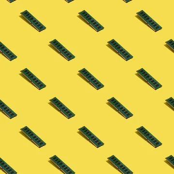 RAM Computer Memory Chip Module seamless pattern on yellow background. Stock Photos