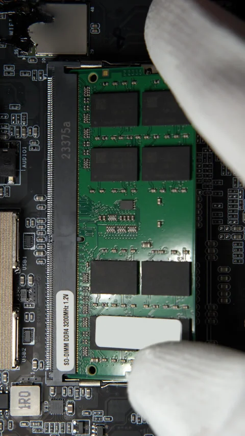 RAM DDR4 Sodimm Installation in PC with Connector on Motherboard Background Stock Footage 272968236
