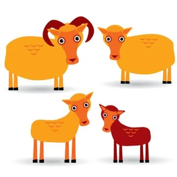 Ram, ewe and lamb. set of funny animals with cubs on white background. vector Stock Illustration