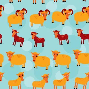 Ram, ewe and lamb. Set of funny animals with cubs seamless pattern on a blue  Stock Illustration
