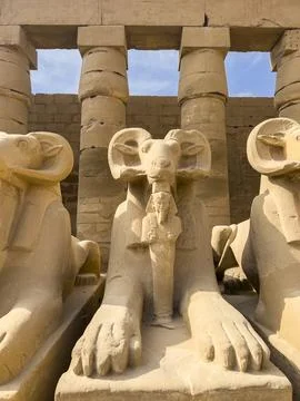 Ram-headed sphinx statues at Karnak, Karnak Temple Complex, UNESCO World Stock Photos