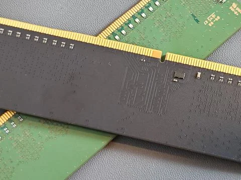 RAM Memory Module With Electronic Circuit Details And Gold Contacts Stock Photos