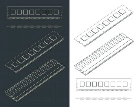 RAM module with and without heatsink blueprints Stock Illustration