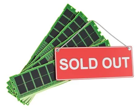 RAM modules with sold out sign. Computer memory shortage and hardware suppl.. Illustrazione stock