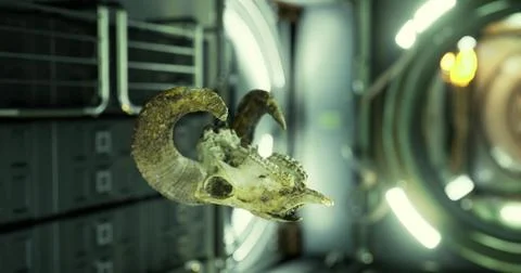 Ram skull floats in zero gravity aboard the international space station Stock Illustration
