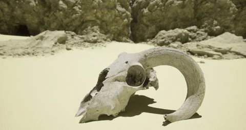 A ram skull lies on the sandy desert floor, illuminated by bright sunlight 스톡 동영상 304510222