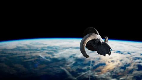 Ram Skull Soaring Through the Celestial Skies Above Earth Ilustração Stock