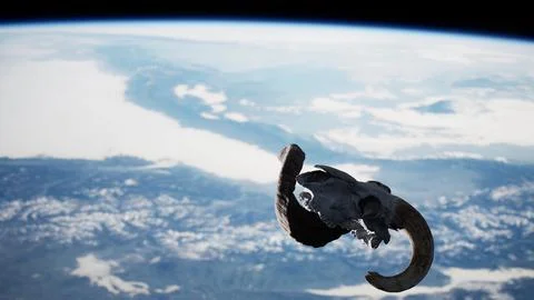 Ram Skull Soaring Through the Celestial Skies Above Earth Stock Illustration