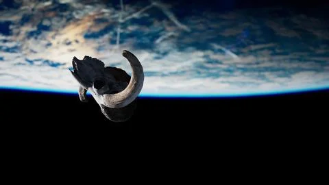 Ram Skull Soaring Through the Celestial Skies Above Earth Illustrazione stock
