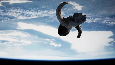 Ram Skull Soaring Through the Celestial Skies Above Earth Illustrazione stock