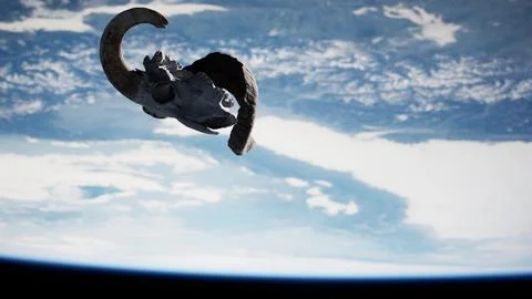 Ram Skull Soaring Through the Celestial Skies Above Earth Ilustração Stock