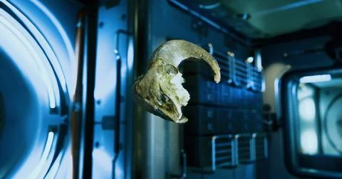 Ram skull in zero gravity drifts inside the international space station Illustration