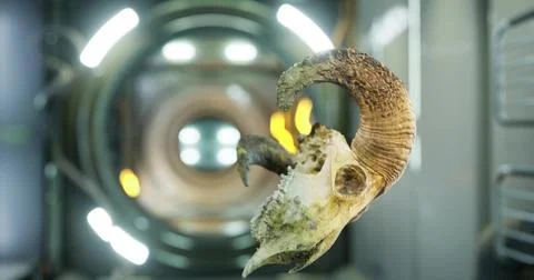 Ram skull in zero gravity on the ISS during a unique experiment Stock Illustration
