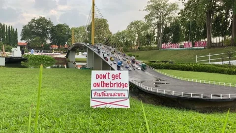 Rama IX Bridge Model at Mini Siam, famous miniature park attraction in Pattaya Stock Footage 221186289