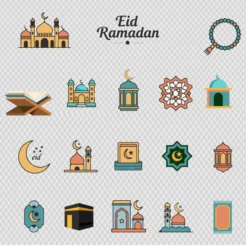 Ramadan and Eid Flat Icon Set with Mosque, Quran, and Kaaba Symbols Stock Illustration