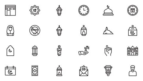 Ramadan and Eid Line Icon Set. Religious Symbols, Islamic, Worship, and Tra.. Stock Illustration