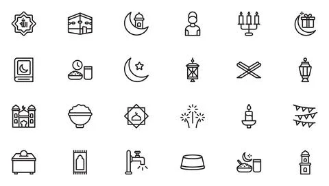 Ramadan and Eid Line Icon Set. Religious Symbols, Islamic, Worship, and Tra.. Stock Illustration