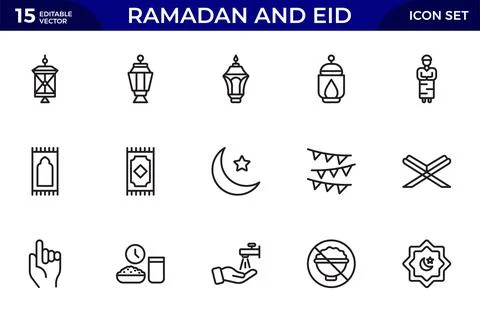 Ramadan and Eid Line Icon Set. Religious Symbols, Islamic, Worship, and Tra.. Stock Illustration