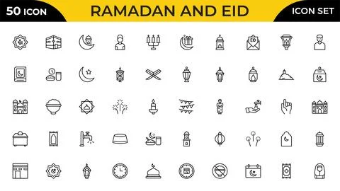 Ramadan and Eid Line Icon Set. Religious Symbols, Islamic, Worship, and Tra.. Stock Illustration