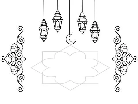 Ramadan and Eid Mubarak line art background with lanterns and crescent moon Stock Illustration