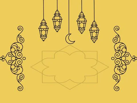Ramadan and Eid Mubarak line art background with lanterns and crescent moon Ilustração Stock
