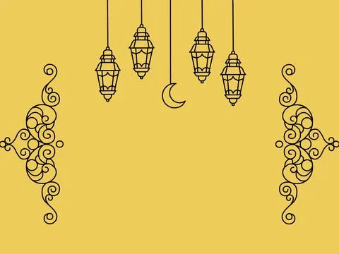 Ramadan and Eid Mubarak line art background with lanterns and crescent moon Stock Illustration