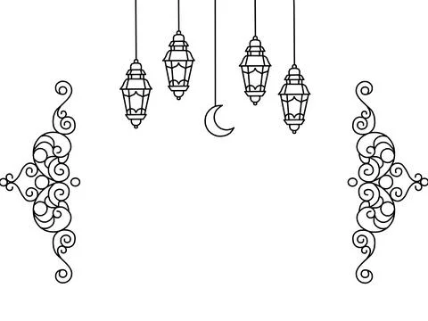 Ramadan and Eid Mubarak line art background with lanterns and crescent moon Stock Illustration