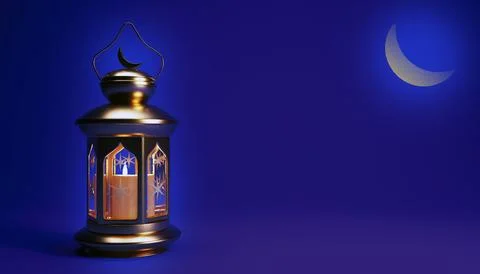 Ramadan background with Arabic lantern, crescent moon and copy space, 3d render. Stock Illustration