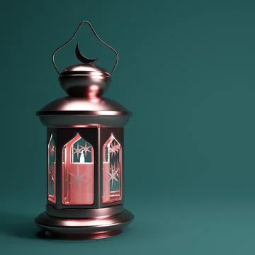 Ramadan background with golden Arabic lantern and copy space, 3d render. Illustrazione stock