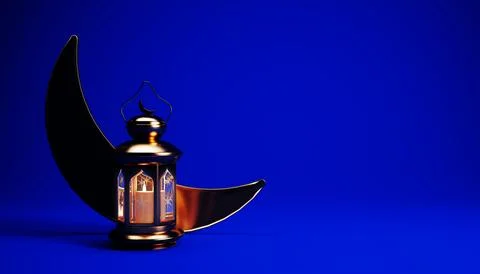 Ramadan background with golden lantern, crescent moon and copy space, 3d re.. Stock-Illustration
