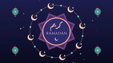 Ramadan badge inside a ring of pink crescents on a dark indigo night vector.. Stock Illustration