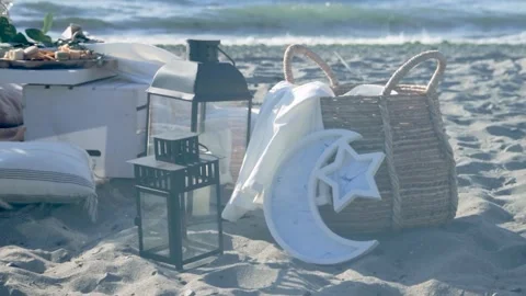 Ramadan Beach Decoration with Lanterns Crescent Moon and Picnic 4K Stock-Footage 332158140