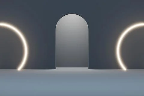 Ramadan black background with light circle neon white . 3d illustration render Stock Illustration