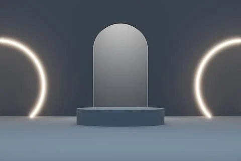 Ramadan black background with light circle neon white . 3d illustration render Stock Illustration