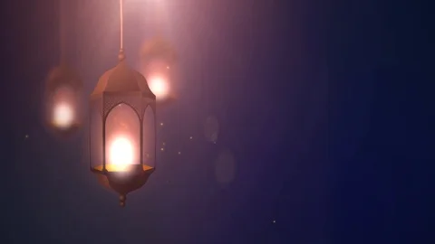 Ramadan candle lantern falling down hanging on string blue background Stock Footage 96232281